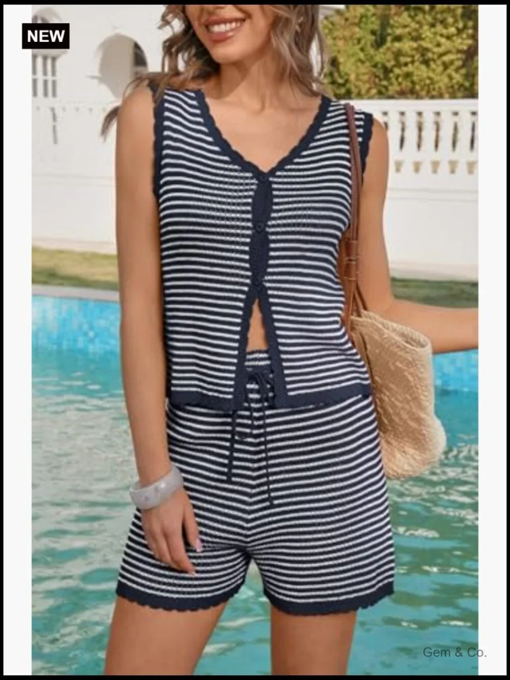 Striped 2 Piece Shorts Set Button Down Vest Top Matching Set